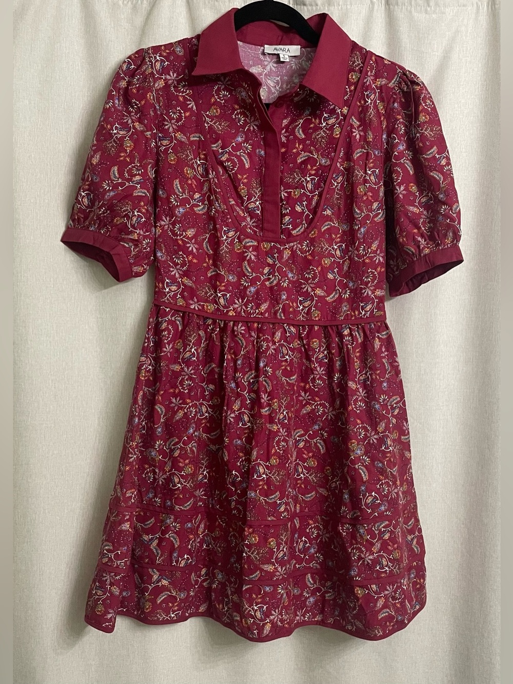 Avara Burgundy Paisley Tencel Linen Collared Puff Sleeve Mini Dress Small